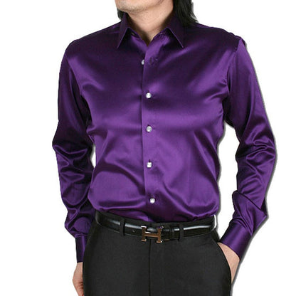 Men's Luxury Silky Shirts Long Sleeve Fashion Loose Casual Silk Like Men Dress Shirt Plus size Wedding Party Stage Clothes