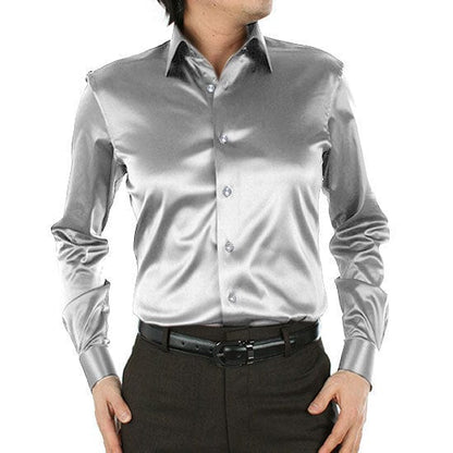 Men's Luxury Silky Shirts Long Sleeve Fashion Loose Casual Silk Like Men Dress Shirt Plus size Wedding Party Stage Clothes