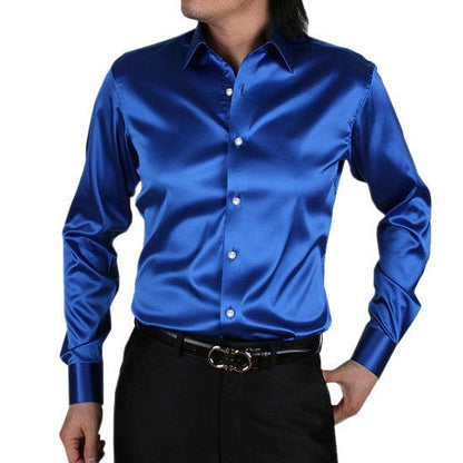 Men's Luxury Silky Shirts Long Sleeve Fashion Loose Casual Silk Like Men Dress Shirt Plus size Wedding Party Stage Clothes