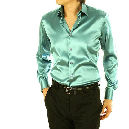 Men's Luxury Silky Shirts Long Sleeve Fashion Loose Casual Silk Like Men Dress Shirt Plus size Wedding Party Stage Clothes