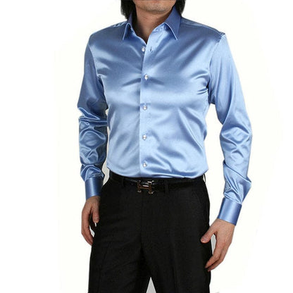 Men's Luxury Silky Shirts Long Sleeve Fashion Loose Casual Silk Like Men Dress Shirt Plus size Wedding Party Stage Clothes