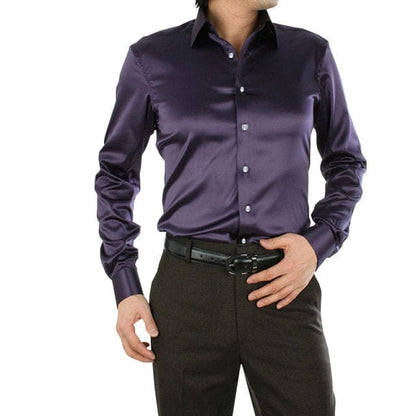Men's Luxury Silky Shirts Long Sleeve Fashion Loose Casual Silk Like Men Dress Shirt Plus size Wedding Party Stage Clothes