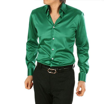 Men's Luxury Silky Shirts Long Sleeve Fashion Loose Casual Silk Like Men Dress Shirt Plus size Wedding Party Stage Clothes