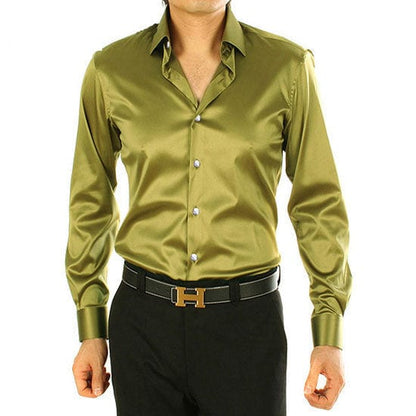 Men's Luxury Silky Shirts Long Sleeve Fashion Loose Casual Silk Like Men Dress Shirt Plus size Wedding Party Stage Clothes