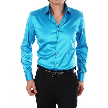 Men's Luxury Silky Shirts Long Sleeve Fashion Loose Casual Silk Like Men Dress Shirt Plus size Wedding Party Stage Clothes