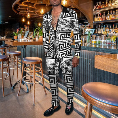 Vintage Harajuku Print Men's Clothing  Spring Autumn New Casual Suits Long Sleeve Shirt Pants 2 Piece Set Trendy Streetwear