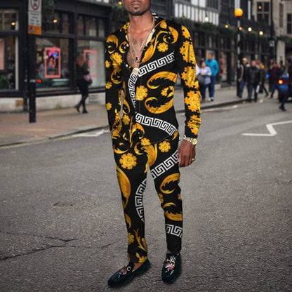 Vintage Harajuku Print Men's Clothing  Spring Autumn New Casual Suits Long Sleeve Shirt Pants 2 Piece Set Trendy Streetwear