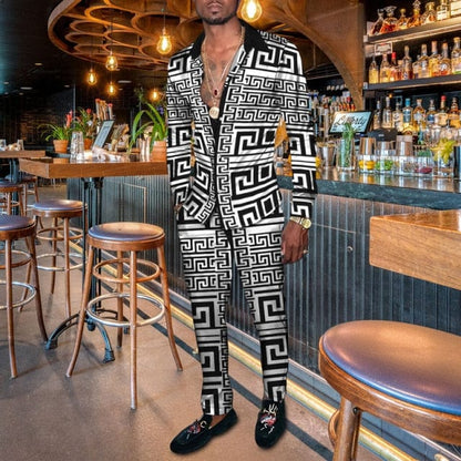 Vintage Harajuku Print Men's Clothing  Spring Autumn New Casual Suits Long Sleeve Shirt Pants 2 Piece Set Trendy Streetwear
