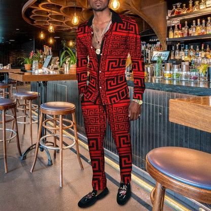 Vintage Harajuku Print Men's Clothing  Spring Autumn New Casual Suits Long Sleeve Shirt Pants 2 Piece Set Trendy Streetwear
