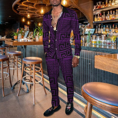 Vintage Harajuku Print Men's Clothing  Spring Autumn New Casual Suits Long Sleeve Shirt Pants 2 Piece Set Trendy Streetwear