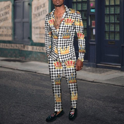 Vintage Harajuku Print Men's Clothing  Spring Autumn New Casual Suits Long Sleeve Shirt Pants 2 Piece Set Trendy Streetwear