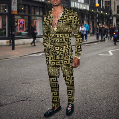Vintage Harajuku Print Men's Clothing  Spring Autumn New Casual Suits Long Sleeve Shirt Pants 2 Piece Set Trendy Streetwear