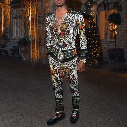 Vintage Harajuku Print Men's Clothing  Spring Autumn New Casual Suits Long Sleeve Shirt Pants 2 Piece Set Trendy Streetwear