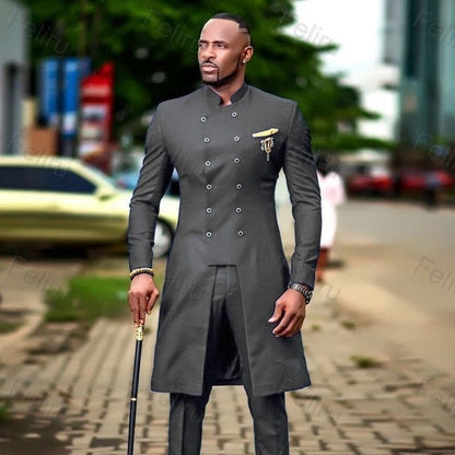 Classic Dark Grey Men's Suit Slim Fit Wedding Suits for Men Groom Tuxedo African Wedding Double Breasted Best Man Blazer