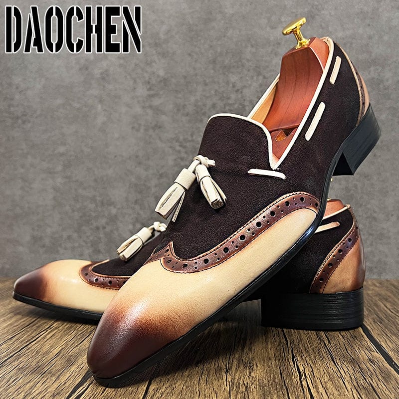 Italian Men Loafers Shoes Black Brown Mixed Color Wingtip Elegant Dress Shoes Office Wedding Genuine Leather men's casual shoes