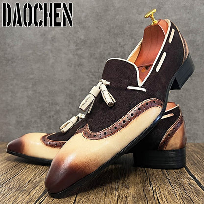 Italian Men Loafers Shoes Black Brown Mixed Color Wingtip Elegant Dress Shoes Office Wedding Genuine Leather men's casual shoes