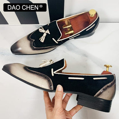 Italian Men Loafers Shoes Black Brown Mixed Color Wingtip Elegant Dress Shoes Office Wedding Genuine Leather men's casual shoes