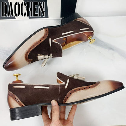 Italian Men Loafers Shoes Black Brown Mixed Color Wingtip Elegant Dress Shoes Office Wedding Genuine Leather men's casual shoes