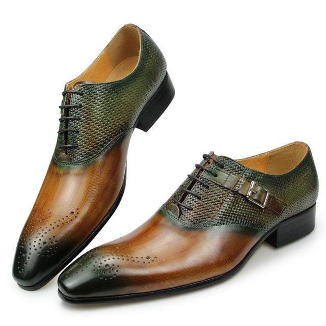 Luxury Mens Business Genuine Leather Shoes Fashion Wedding Oxfords Lace-up Pointed Toe Black Green Coffee Brogues Dress Shoes