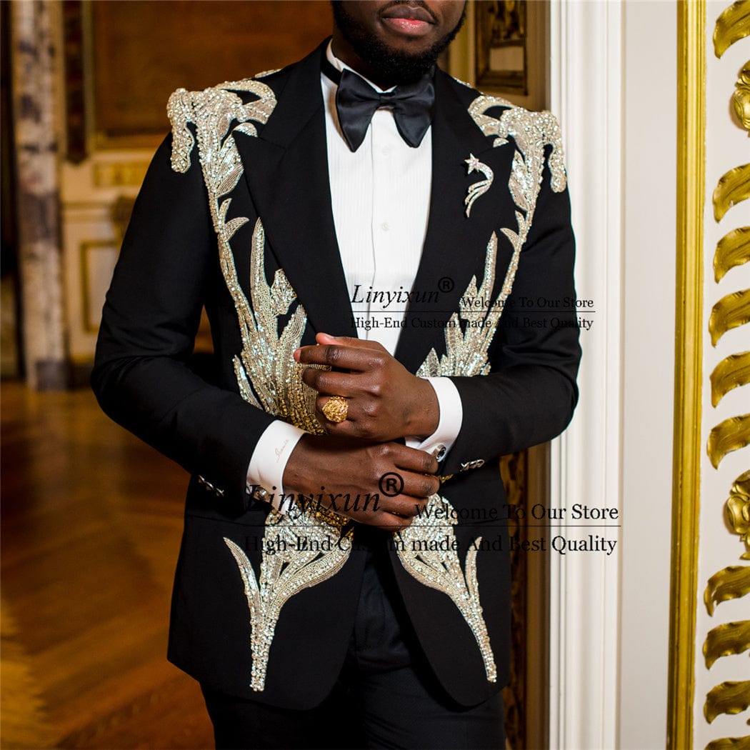 Luxury Shinny Beads Crystal Mens Suits Slim Fit Wedding Groom Tuxedos 2 Piece Jacket Pants Set блестящий костюм Male Prom Blazer