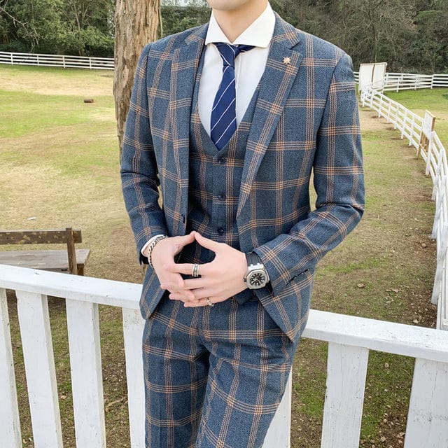 Mens Blazers Pants Vest Set 3 Pieces Set / 2021 Men&#39;s Business Casual Fashion Three Piece Plaid Suit Men&#39;s Wedding Suits For Men