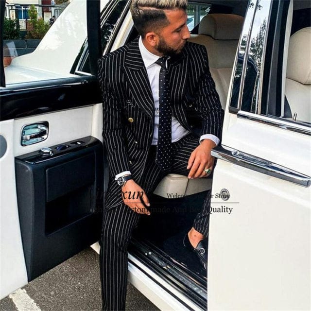 Formal Black Stripe Men Suits Double Breasted Wedding Groom Tuxdeo Business Best Man Prom Blazer 2 Pieces Jacket Pants костюм