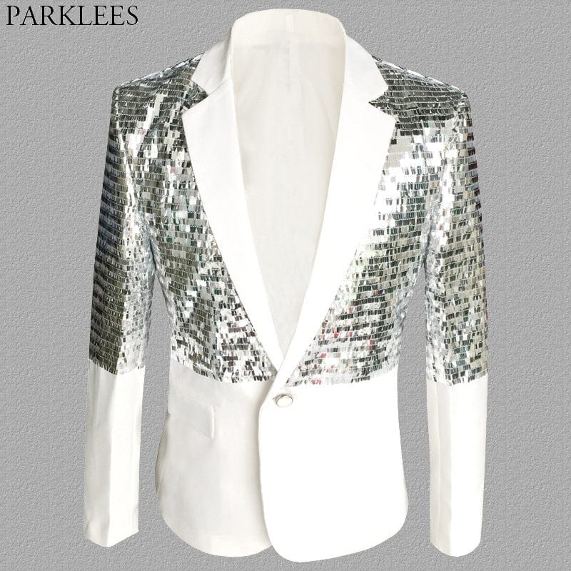 Mens One Button Patchwork Sequin Glitter Suit Jacket 2019 Brand New Nightclub DJ Prom Blazer Male Wedding Groom Stage Costumes
