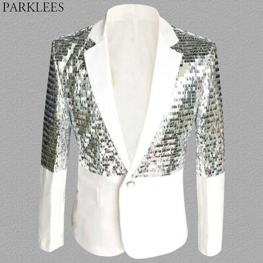 Mens One Button Patchwork Sequin Glitter Suit Jacket 2019 Brand New Nightclub DJ Prom Blazer Male Wedding Groom Stage Costumes