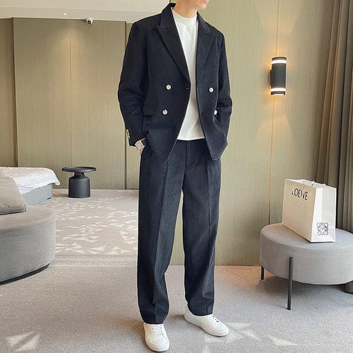 Men Corduroy Double Breasted Loose Casual Suit Jacket Blazer Men Vintage Streetwear Korean Office Business Fashion Blazer Suit