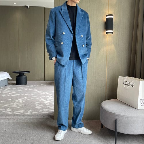 Men Corduroy Double Breasted Loose Casual Suit Jacket Blazer Men Vintage Streetwear Korean Office Business Fashion Blazer Suit