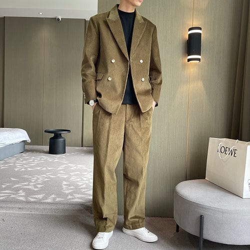Men Corduroy Double Breasted Loose Casual Suit Jacket Blazer Men Vintage Streetwear Korean Office Business Fashion Blazer Suit