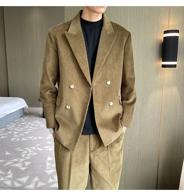 Men Corduroy Double Breasted Loose Casual Suit Jacket Blazer Men Vintage Streetwear Korean Office Business Fashion Blazer Suit