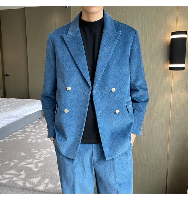 Men Corduroy Double Breasted Loose Casual Suit Jacket Blazer Men Vintage Streetwear Korean Office Business Fashion Blazer Suit