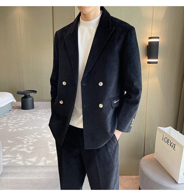Men Corduroy Double Breasted Loose Casual Suit Jacket Blazer Men Vintage Streetwear Korean Office Business Fashion Blazer Suit