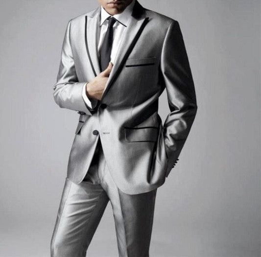 2022 Newest Groomsmen Shiny Silver Grey Groom Tuxedos Peak Lapel Men Suits Wedding/Prom Best Man Blazer ( Jacket+Pants+Tie )