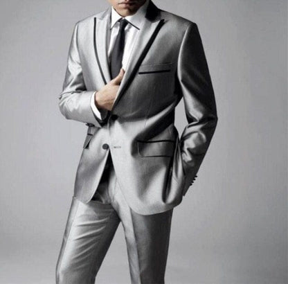 Newest Groomsmen Shiny Silver Grey Groom Tuxedos Peak Lapel Men Suits Wedding/Prom Best Man Blazer ( Jacket+Pants+Tie )