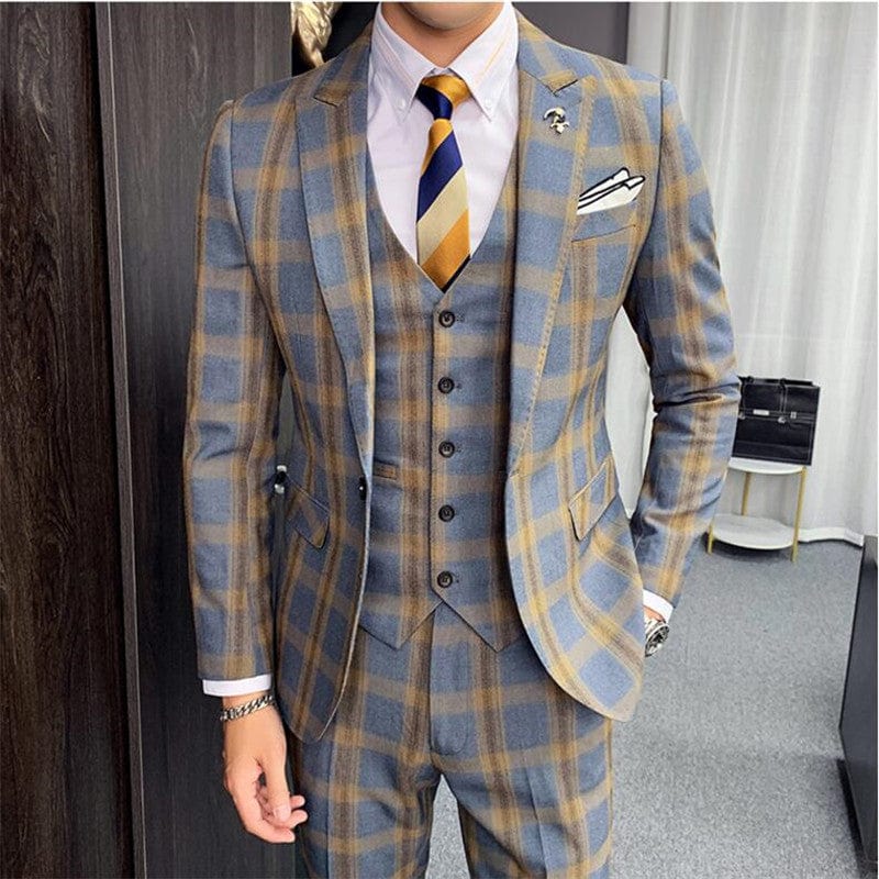 Mens Blazers Pants Vest Set 3 Pieces Set / 2021 Men&#39;s Business Casual Fashion Three Piece Plaid Suit Men&#39;s Wedding Suits For Men