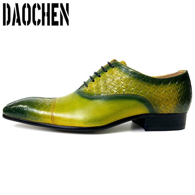 Luxury Design Men Oxford Shoes Lace up Split Toe Weave Printing Black Green Men Dress Shoes Office Wedding Leather Shoes For Men