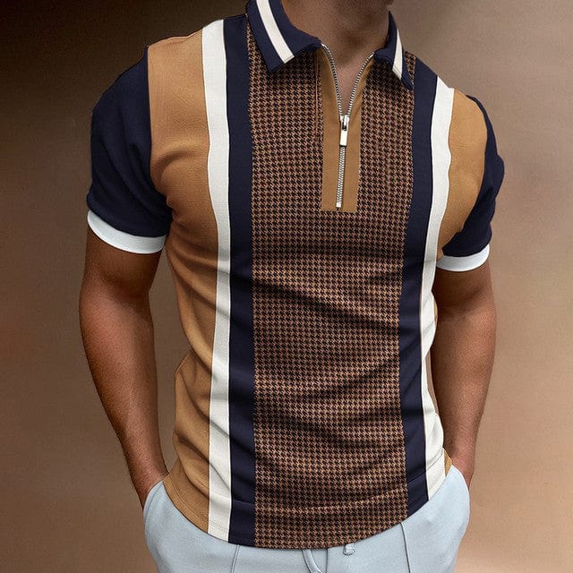 2022 Summer Chic Plaid stripe Casual Mens Short Sleeve Polo Shirts Patchwork Turn-down Collar Zipper Design Men Street clothes