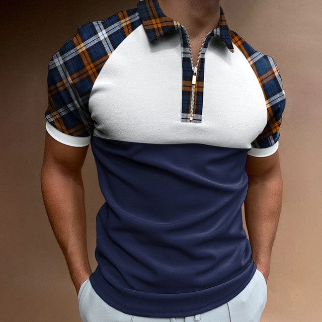 2022 Summer Chic Plaid stripe Casual Mens Short Sleeve Polo Shirts Patchwork Turn-down Collar Zipper Design Men Street clothes