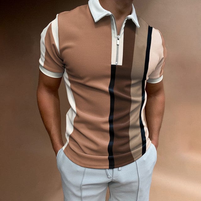 2022 Summer Chic Plaid stripe Casual Mens Short Sleeve Polo Shirts Patchwork Turn-down Collar Zipper Design Men Street clothes