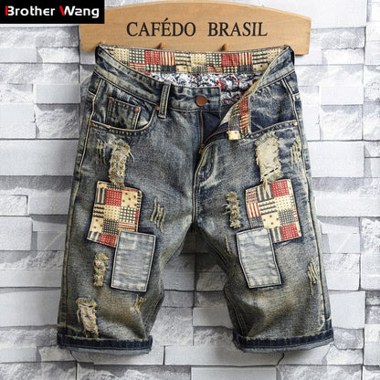 Brand Men's Retro Style Ripped Denim Shorts  Summer New Fashion Casual Hole Patch Jean Shorts Male Brand Clothes