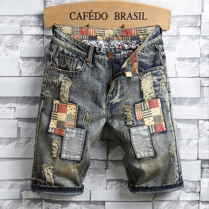 Brand Men's Retro Style Ripped Denim Shorts  Summer New Fashion Casual Hole Patch Jean Shorts Male Brand Clothes