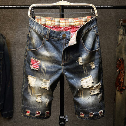 Brand Men's Retro Style Ripped Denim Shorts  Summer New Fashion Casual Hole Patch Jean Shorts Male Brand Clothes