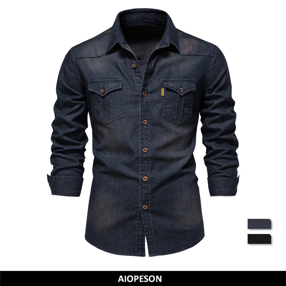 Cămașă din denim din bumbac elastic de marcă AIOPESON Cămăși de cowboy de calitate pentru bărbați cu mânecă lungă pentru bărbați Casual Slim Fit Îmbrăcăminte de designer pentru bărbați