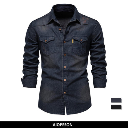 AIOPESON Brand Elastic Cotton Denim Shirt Men Long Sleeve Quality Cowboy Shirts for Men Casual Slim Fit Mens Designer Clothing