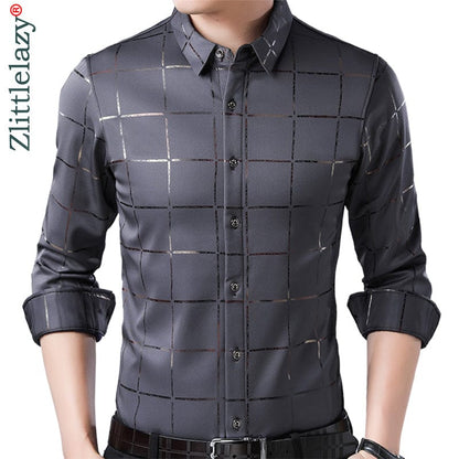 Brand Casual Spring Luxury Plaid Long Sleeve Slim Fit Men Shirt Streetwear Social Dress Shirts Mens Fashions Jersey 2309