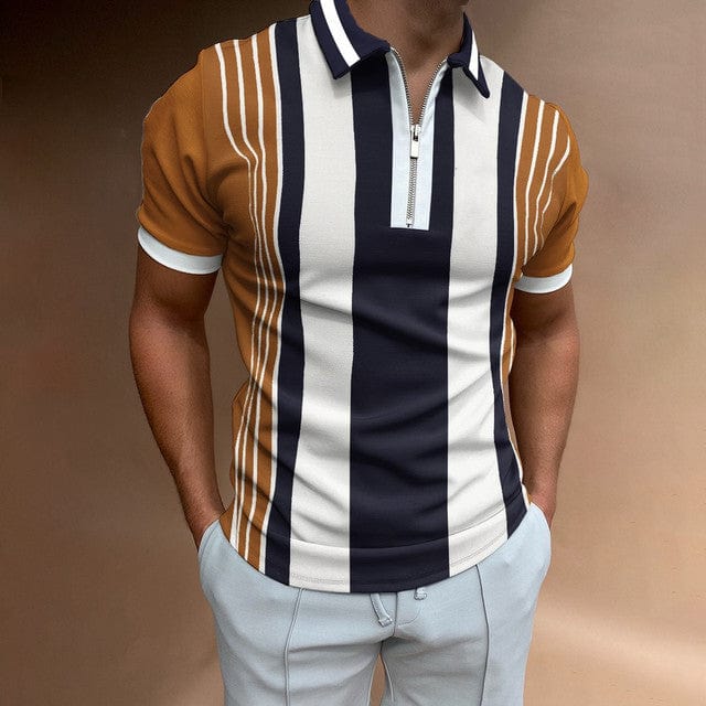 2022 Summer Chic Plaid stripe Casual Mens Short Sleeve Polo Shirts Patchwork Turn-down Collar Zipper Design Men Street clothes