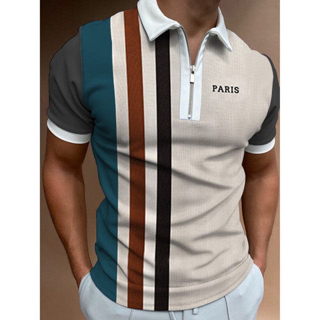 2022 Summer Chic Plaid stripe Casual Mens Short Sleeve Polo Shirts Patchwork Turn-down Collar Zipper Design Men Street clothes