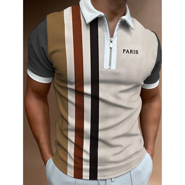 2022 Summer Chic Plaid stripe Casual Mens Short Sleeve Polo Shirts Patchwork Turn-down Collar Zipper Design Men Street clothes